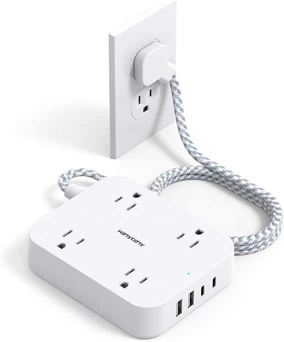 Flat Plug Extension Cord, HANYCONY 5ft Power Strip with 4 USB Ports(2 USB C), 4 Widely Outlets Extender, Wall Mount, Desk Charging Station for Office School Travel Dorm Room Essentials, ETL Listed