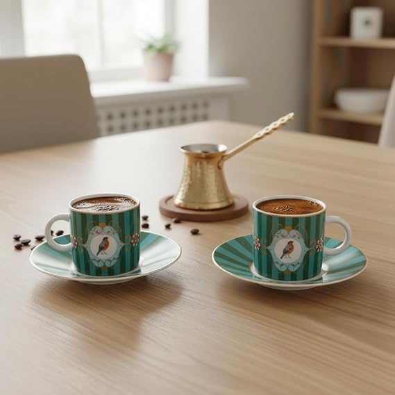 Deconox Özel Kutulu 2'li Porselen Türk Kahvesi Fincan Takımı - Kuş ve Kelebek Desenli Kırmızı/Yeşil Renk Seçenekli Hediyelik Fincan 90 ve 100cc Seçenekli (YEŞİL, 90CC, KELEBEK)