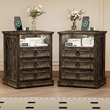 Night Stands with 3 Drawers, Smart nightstand with Charging Station, Farmhouse End Side Table with LED Light & Human Sensor and Open Storage for Bedroom, Brown