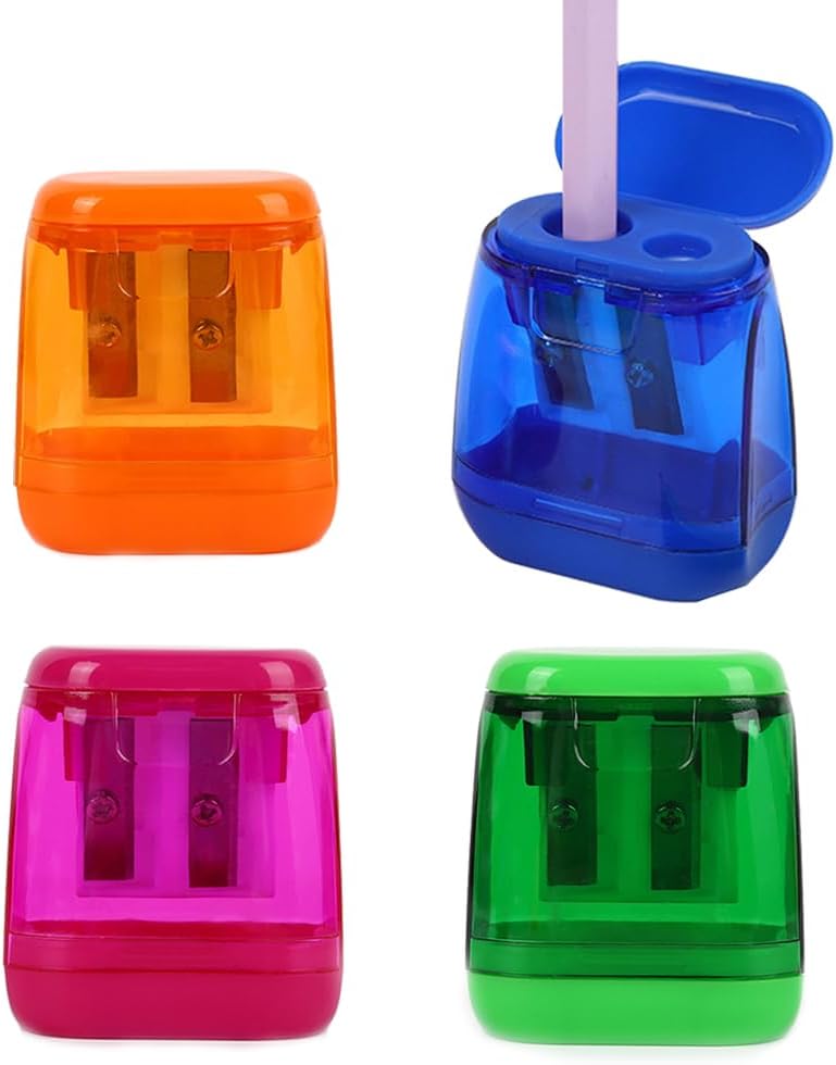 Colored Manual Pencil Sharpeners in Bulk, BOPART 24pcs Small Handheld Pencil Sharpener Dual Holes with Lid for Kids Adults at Classroom School Office Home 4Pcs Sharpeners - D
