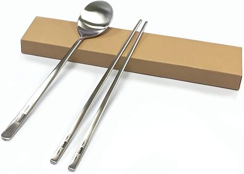 SUPIA Korean Traditional Cutlery Stainless Steel Spoons and Chopsticks Set Tableware with Long-hand, Reusable Silver Fish