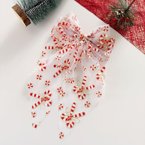 Lace Christmas Bow Hair Clips for Women Candy Cane Bows Clip Large Spring Clip Winter Hair Pins Bowknot Girl Hair Accessories for Winter Christmas Festival Party