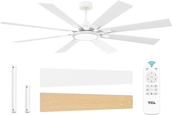 TCL Ceiling Fans with Lights and Remote: 62 Inch 8 Blades White DC Fan | Quiet Reversible DC Motor, Dimmable Super Bright LED, Noiseless Large Modern Fan for Room, Commercial and Industrial Use
