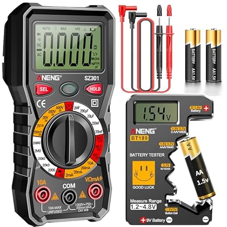 ANENG Digital Multimeter with Battery Tester Measures Voltage,Current,Resistance,Continuity,Diodes, AAA,AA,C,D,9V,6F22 Batteries,1.5V/3V Button Batteries,LCD Electric Tools for Househould Tester