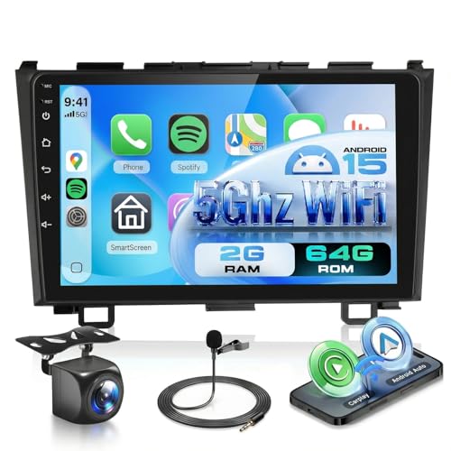 2G64G Car Radio Stereo for Honda CRV 2007-2011 with Wireless CarPlay Android Auto, 9 Inch IPS Touch Screen Android 15 GPS 5Ghz-WiFi EQ Bluetooth SWC AHD Backup Camera