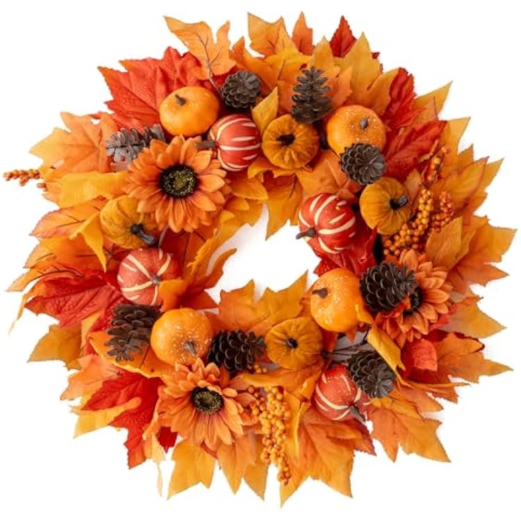 MISSPIN 20 Inch Fall Wreaths for Front Door, Harvest Thanksgiving Wreath, Farmhouse Decorations for Home Porch Wall Window, Autumn for Indoor Outdoor Orange