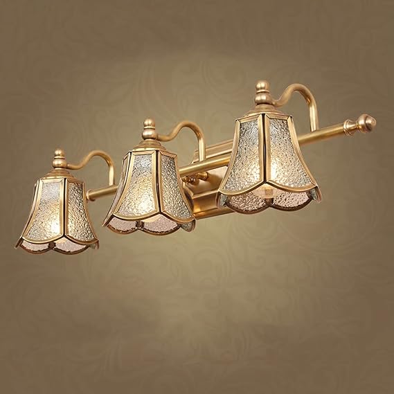 Vintage Brass Mirror Front Light, European Style E14 Bathroom Mirror Light Glass Lampshade Wall Light Mirror Cabinet Dressing Table Dressing Room Decoration, 3 Lights