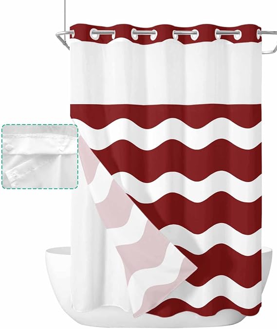 No Hook Fabric Shower Curtain with Snap in Liner, Red and White Wave Stripe Waterproof Shower Curtains Set with See Through Top Window, Modern Minimalist Geometric Striped Bath Curtains Shower 60"x72"