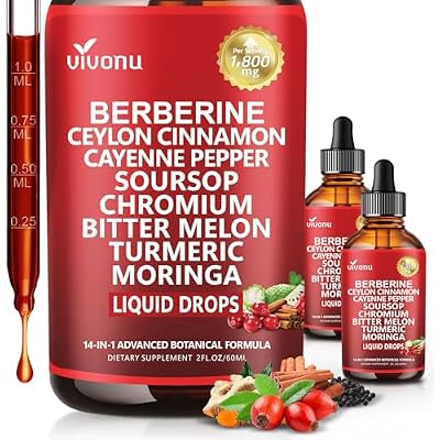 14-in-1 Berberine with Ceylon Cinnamon Supplement Liquid Drops, 1800mg  30:1 Liposomal Tech with Cayenne Pepper Soursop Chromium Bitter Melon Turmeric Moringa Gymnema Glucomannan, GLP Support 2Bottle