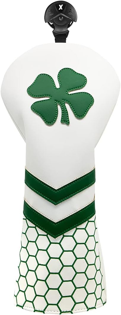 Lucky Clover ゴルフウッドクラブヘッドカバー クラブヘッドカバー 保護 - 4つの選択 - ゴルフドライバーヘッドカバー / フェアウェイウッズカバー / ハイブリッドレスキューヘッドカバー 交換可能 ホワイト合成レザー すべてのブランドの男性ゴルファーに適合