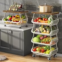 Fruit Basket for Kitchen with Wood Top 5 Tier, SAYZH Stackable Fruit and Vegetable Storage Cart, Wire Storage Basket with Wheels, Vegetable Basket Bins Rack for Onions and Potatoes, White