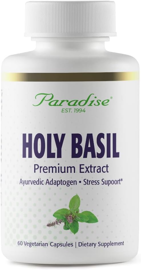 Paradise Herbs Organic Holy Basil Whole Spectrum Extract, 60 Caps | Herbal dietary supplement with vegetarian capsules, vegan, non-GMO, gluten free, traditional herb for daily use.
