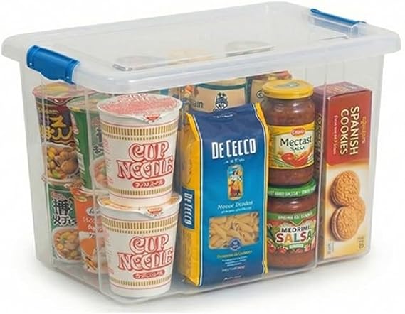 ORGANIZED Clear Plastic 50L Storage Box with Blue Clip-On Lid – Heavy Duty Stackable Storage Container for Home, Office, Kitchen, Garage & Closet Organisation (1)