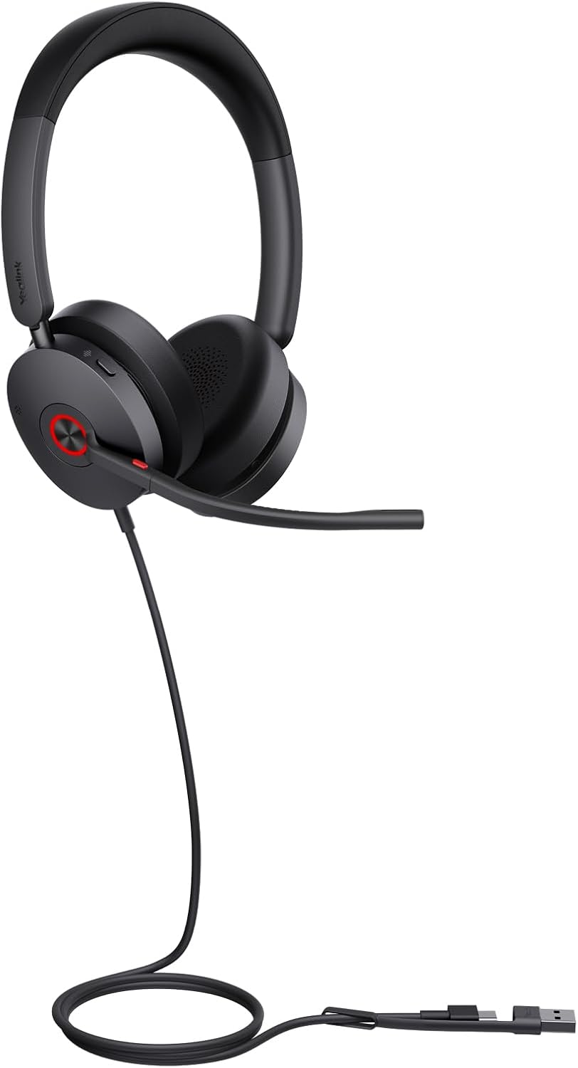 Yealink UH48 Noise Cancelling Headset with Microphone, Active Noise Cancelling Headphones Wired for Work, Teams Headsets Certified ANC USB CA Headphone for PC