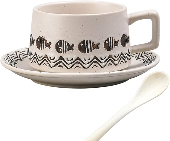 Ceramic Coffee Cup and Saucer Set, Cute Porcelain Mug and Coaster for Latte Art Milk Cappuccino Espresso Americano, Tea Cup with Tray, 8.8 oz / 260ml