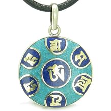 Amulet Tibetan Ancient Mantra OM Mani Padme Hum Magic Symbols Medallion Pendant Leather on Necklace