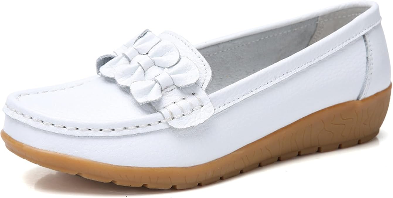 Women's Genuine Leather Bow Wedge Loafers Comfortable Round Toe Slip On Driving Business Work Dress Shoes Lightweight Non-Slip Nurse Walking Flats