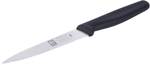 ICEL 4 Inch Paring Knife, Serrated Edge - Point Tip - High Carbon German Stainless Steel Razor Sharp Blade, Black Polypropylene Handle