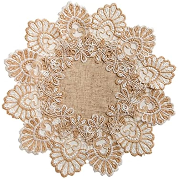 European Antique Jacquard Lace Table Doilies,Small Farmhouse Linen Embroidered Table Topper Scarf Place Mat RusticTable Cover Flower Shape, Diameter 15.7Inch