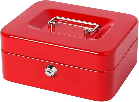 Small Cash Box with Money Tray and Lock, Lovndi Metal Money Box for Cash, Lockbox 7.87 x 6.3 x 3.54 Inches, Red