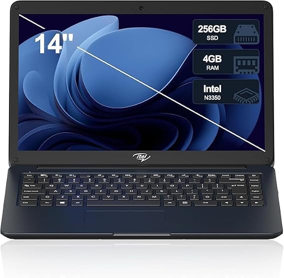 14" Itel Laptop Computer, Celeron N3350 (Dual-Core) | 4GB RAM | 256GB SSD | Ultra Slim Design | HDMI & USB 3.2 | 2.4G/5G WiFi | Webcam | for Home