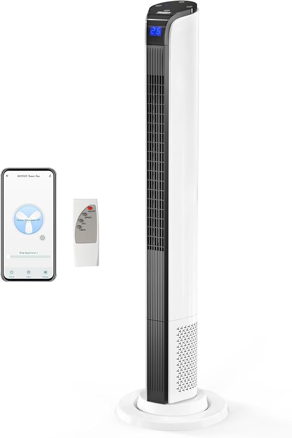 ROVSUN 42" Tower Fan with APP & Remote Control, Smart Floor Fan with 3 Modes 3 Speeds & Digital Display, Bladeless Standing Fan with Oscillating, 12H Timer, Quiet Fan for Cooling Bedroom, Home, Office