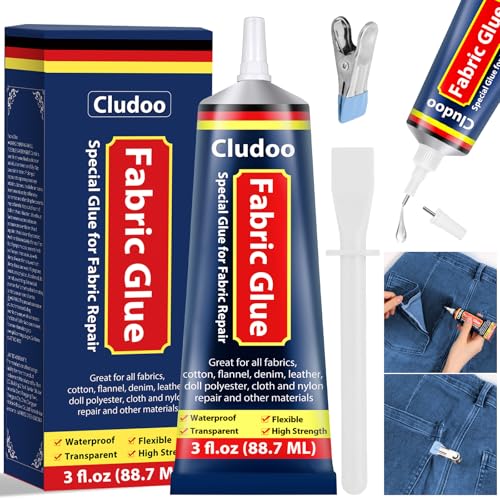 Cludoo Fabric Glue Permanent Multipurpose Adhesive, Clear Fabric Glue for Clothing Permanent Washable, Strong Clothing Glues Fabric Adhesive for Fabrics, Patches, Cotton, Linen, Flannel, Denim 88ML
