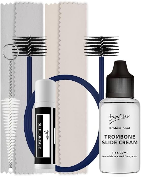 Deviser Trombone Care kit All in One Bundle :Slide Oil,Slide Grease,Cleaning Swab x2,Mouthpiece,Bore Brushes,Instructions