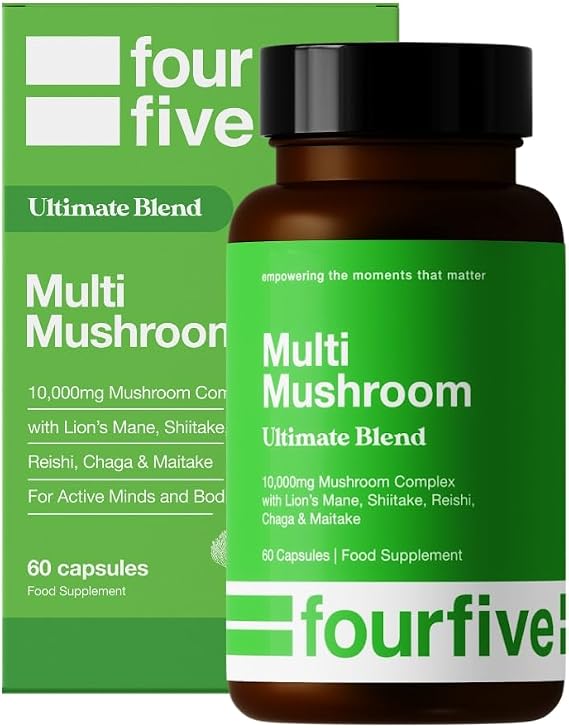 fourfive Multi Mushroom Supplement (10000mg) Ultimate Blend with Reishi, Lion's Mane, Chaga, Maitake & Shiitake, Optimum Daily Dose - 60 Capsules
