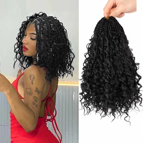 8 Packs Crochet Box Braids with Curly Ends Boho Braids 10 Inch Goddess Box Braids Crochet Hair Bohemian Box Braid Hair 1B, 10 inch 8 pack