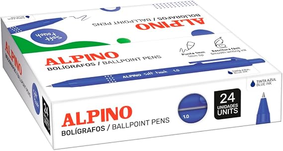 Alpino Box of 24 Soft Touch Pens Blue Ink | Smooth Writing with Non-Slip Grip 1mm Tip | Ergonomic and Functional Design | High Quality Ink and Quick Drying