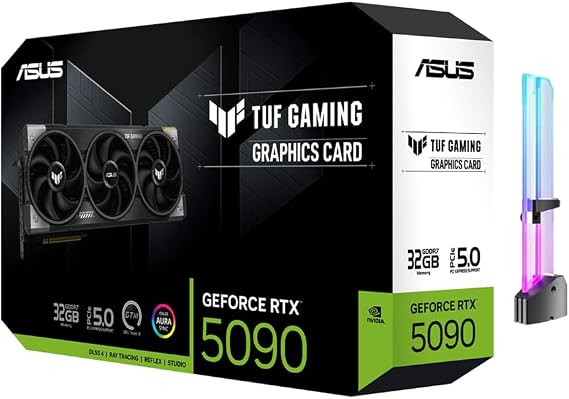 ASUS TUF Gaming GeForce RTX 5090 Triple Fan GPU, 32GB GDDR7, 3352 AI Tops, 28 Gbps, 512-bit, DLSS 4, AI Content Creation, Local LLM Inference, DP 2.1b x3, HDMI 2.1b x2, with GPU Holder