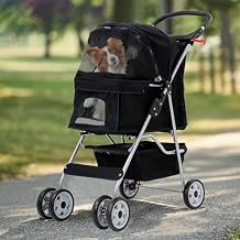4 Wheels Dog Stroller, Foldable Pet Stroller for Small Medium Dogs, Portable Breathable Cat Stroller Dog Strollers with Storage Basket, Cup Holders, Removable Liner for Travel & Outdoor Use, Black