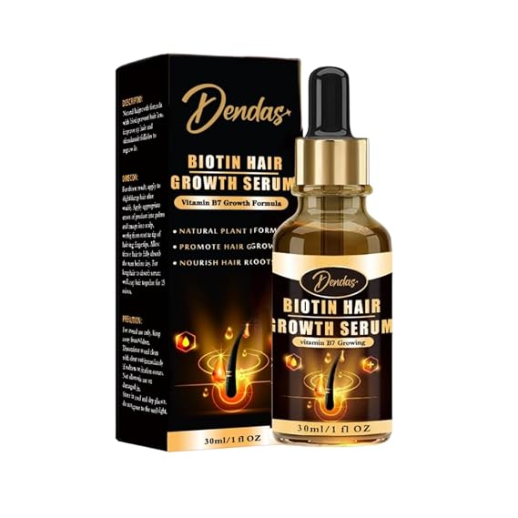 Dendas Biotin Hair Growth Serum - Anti-Hair Loss Essential Oil Treatment, Prevents Thinning, Repairs Dry & Frizzy Hair, Promotes Fast Hair Growth, 1 fl oz (30ml) Unisex, Black/gold