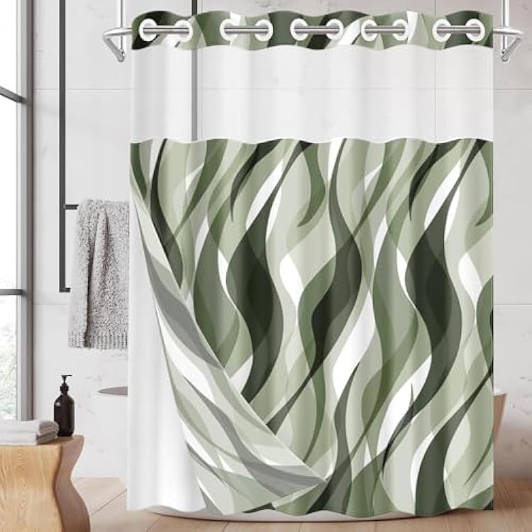 No Hook Green Shower Curtain with Snap in Fabric Liner Set, Modern Abstract Striped Double Layers Waterproof Fabric with See Through Top Window Open Grommet Bath Curtain 71x74 Inch