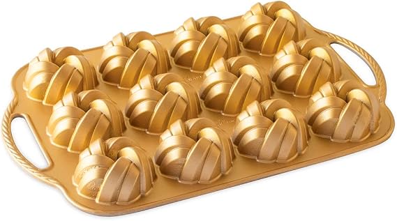 Nordic Ware Braided Mini Bundt Pan, Cast Aluminium Bundt Tin, Bundt Cake Tin with Braid Pattern, Cake Mould Colour: Gold