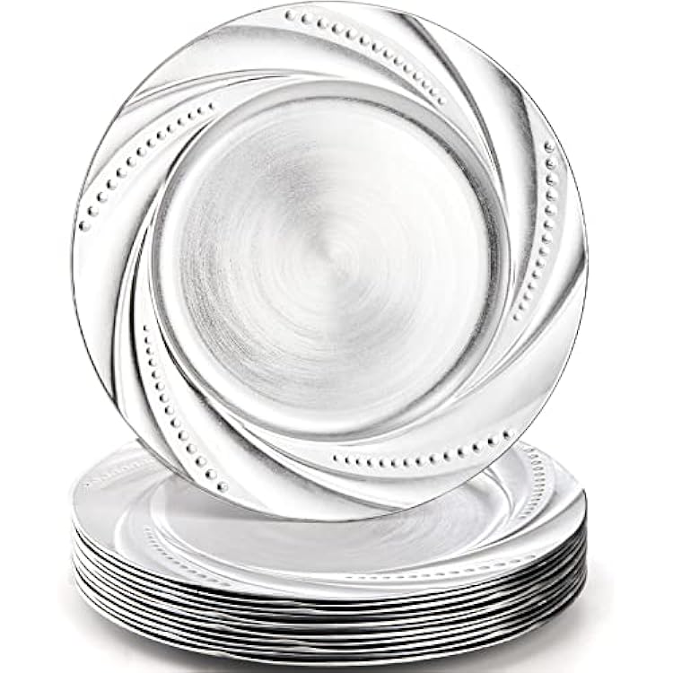 ZENFUN 12 Pack Plastic Silver Charger Plate, 13 Round Chargers Plate Decorative Dinner Chargers, Embossed Charger Serving Plates for Wedding, Catering Event, Tabletop Decor
