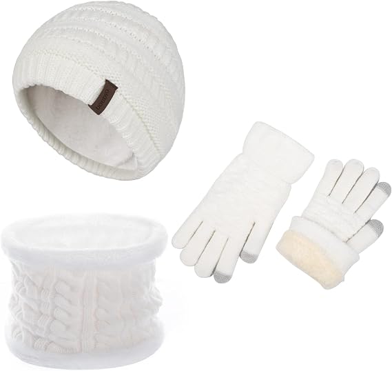 Womens Winter Knit Beanie Fleece Lined Neck Warmer Touchscreen Gloves Set Christmas Gift