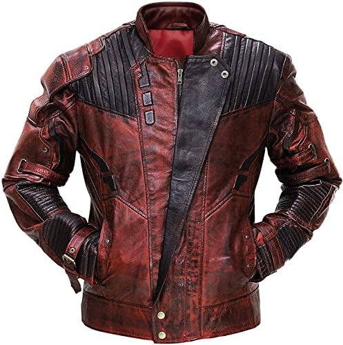 Mens Guardians Superhero Distressed Maroon Star Cosplay Costume Leather Biker Jacket