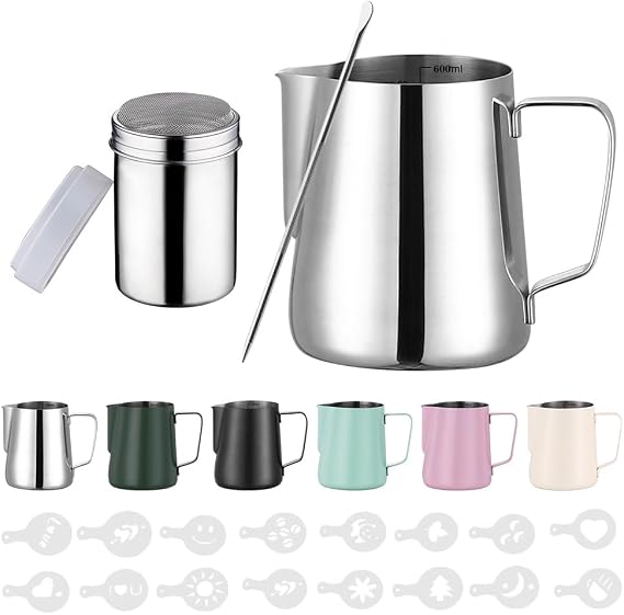 600 ml Milk Jug Stainless Steel Barista Milk Jug with Measurement Mark 24 oz, Milk Foam Jug with Cocoa Shaker, 16 Latte Art Stencils & Pen for Cappuccino and Espresso, Base Colour