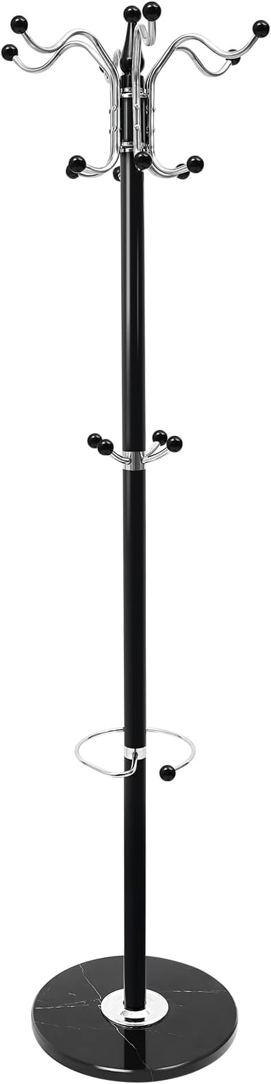 Black Metal Coat Rack Stand with Round Marble Base,three Layers 360 Rotary Design Coat Racks 17 Hooks Standing Coat Rack for Entryway, Hallway