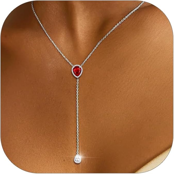 FOCALOOK 925 Sterling Silver Birthstone Long Pendant Necklace 16"-18" Y Drop Adjustable CZ Teardrop Lariat Necklaces for Women Mom Birthday Jewelry