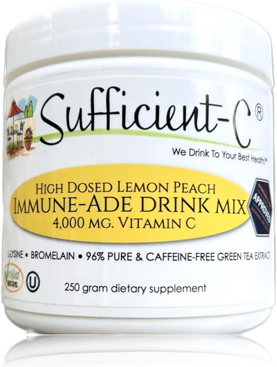 Sufficient-C 4,000 mg. High-Dose Vitamin C Lemon Peach Immune-Ade Drink Mix - 250 gram - Refreshing with Generously Dosed L-lysine, Bromelain & 96% Pure, Caffeine-Free Green Tea Extract