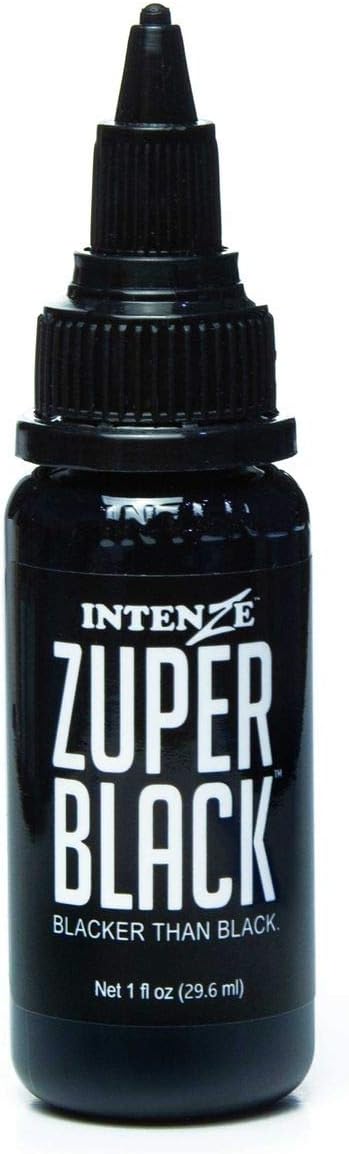 Intenze ZUPER Black Tattoo Ink 1 oz - Deep Black for Lining, Tribal and Blackwork - Sterilized, Vegan, Reach-Compliant, Made in the USA