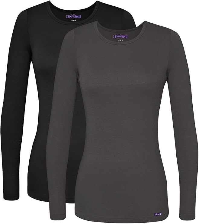 Sivvan Scrubs for Women - Long Sleeve Comfort Underscrub Tee Multicolor 2-Pack - S85002M - Black/Charcoal - L
