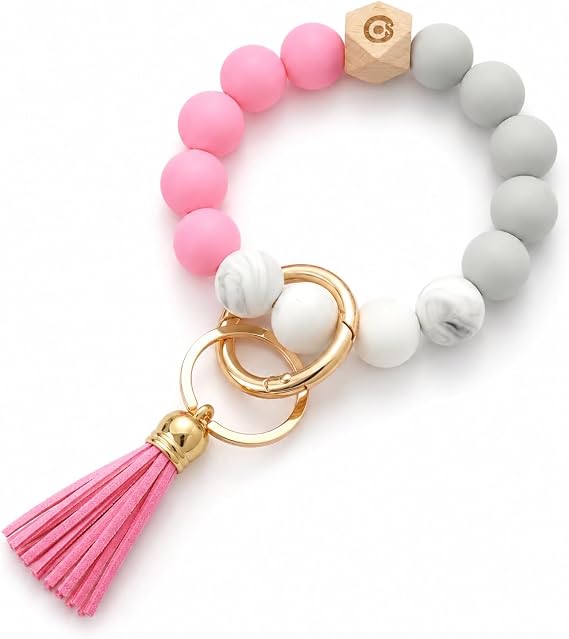 Coolcos Beaded Wristlet Keychain for Women, Silicone Key Ring Bracelet with Tassel, Cute Car Key Holder for Purse Bag