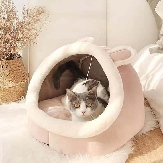 EHOTER Cat Beds for Indoor with Hanging toy Small Dog Cave Bed Kitten Tent House Removable Cushioned Pillow Super Soft Calming Pet Sofa Mats Ideal for Cats and Puppy or Rabbit (Pink-S)