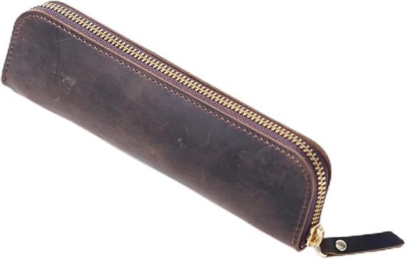 Leather Pen Case for Fountain Pens Retro Pencil Case with 4 Pen Loops and Zip Slim Pencil Case Portable for Students Businessmen Adults Artists (Coffee Brown)