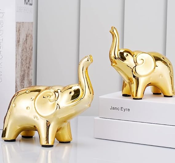 Vellichor Europe Pair of Elegant Gold Elephant Statue for Home Decor - Ceramic Figurines for Living Room, Office, and More - 13cm and 10cm Tall - Animal Statue Ornament