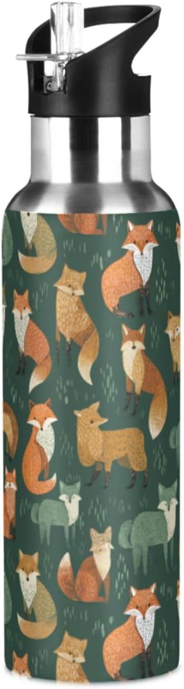 Kcldeci 20oz Vacuum Double Wall Sports Water Bottle Foxes on Green Insulated Stainless Steel Water Bottle with Straw for Sports, Travel, Office Use